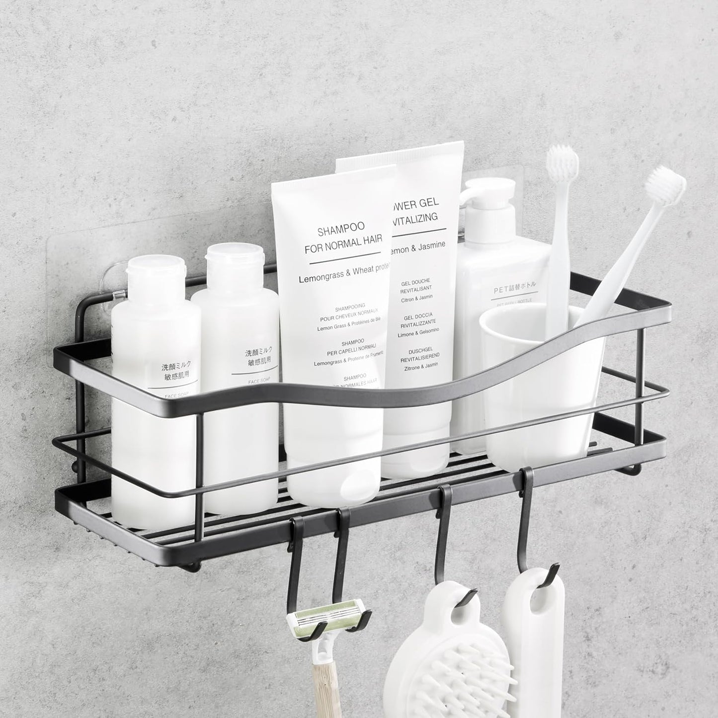 Premium Shower Shelf - Self Adhesive Shower Caddy with 4 Hooks - No Drill Large Capacity Stainless Steel Rack - Aesthetic Organizer for Bathroom Wall Decor - Matte Black